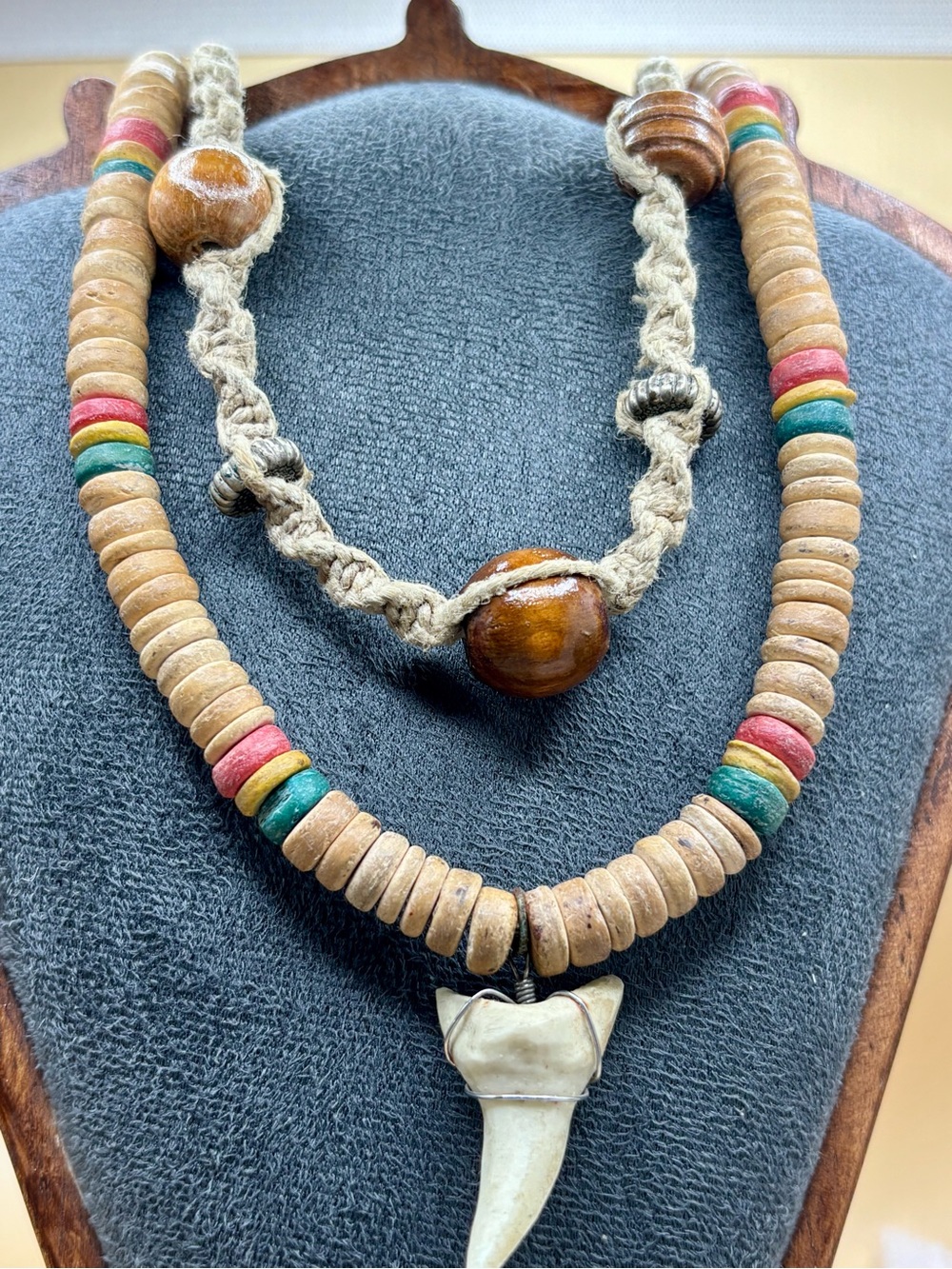 Boho Natural Bead Rope Necklace with Green & Pink Coconut Beads and Shark Tooth